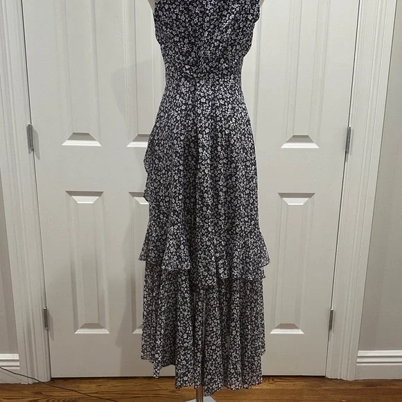 Maggy London Navy Blue V-Neck Floral Ruffles Coquette Girl Midi Dress Size 10 - Picture 11 of 15